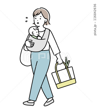 赤ちゃんを抱いてスーパーへ歩いて買い物に行く主婦  116842636