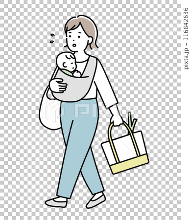 赤ちゃんを抱いてスーパーへ歩いて買い物に行く主婦  116842636