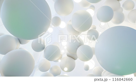This captivating scene features abstract white spheres floating in a beautiful, ethereal environment, bathed in gentle light, creating a peaceful and dreamlike atmosphere This captivating scene features abstract white spheres floating in a beautiful, ethereal environment, bathed in gentle light, creating a peaceful and dreamlike atmosphere 116842660