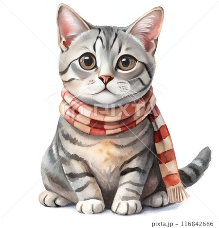 Watercolor painting, cartoon style, of American Short Hair cat wear a scarf, generative ai 116842686