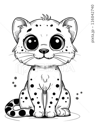 A monochrome illustration of a Felidae cub with large eyes and whiskers, a small to mediumsized cat with a cute toy appearance, sitting down. Terrestrial animal art A monochrome illustration of a Felidae cub with large eyes and whiskers, a small to mediumsized cat with a cute toy appearance, sitting down. Terrestrial animal art 116842740