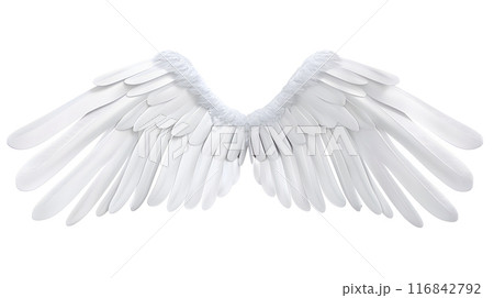 Pristine white angel wings with delicate feathers are perfect for artistic projects, costumes, events, and adding a celestial, fantasy touch to create a heavenly and mythical atmosphere 116842792