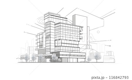 A monochrome line art showcases a contemporary architectural building with sleek geometric shapes, hinting at urban city elements. It symbolizes modern design and construction 116842793