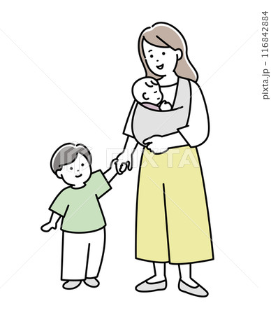 手を繋いで見つめ合うお母さんと子供のイラスト素材 116842884