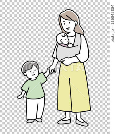 母親和孩子手牽手互相看著對方的插畫素材 116842884