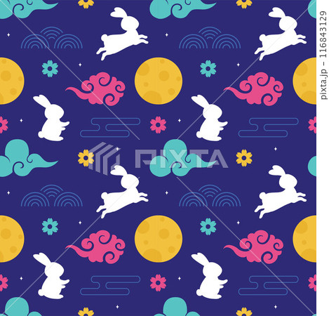 Mid Autumn Seamless Pattern Design with Decorative Elements in Hand Drawn Cartoon Flat Illustration Template 116843129