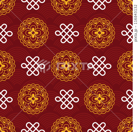 Mid Autumn Seamless Pattern Design with Decorative Elements in Hand Drawn Cartoon Flat Illustration Template 116843132