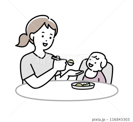 赤ちゃんに食事を与える母親のイラスト素材 116843303