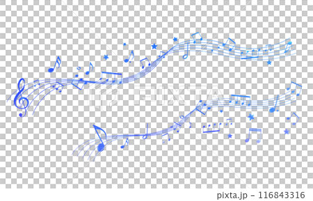 A musical score frame illustration with a perspective that evokes the night sky. Musical staff. Background illustration. Notes, rests, musical symbols. A musical score frame illustration with a perspective that evokes the night sky. Musical staff. Background illustration. Notes, rests, musical symbols. 116843316