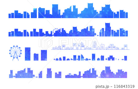 水彩風の夜の街並みのシルエットイラストのセット　背景イラスト　都市景観 116843319