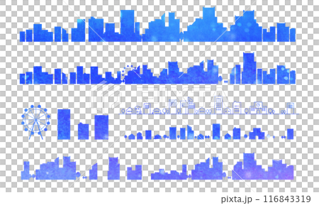 水彩風の夜の街並みのシルエットイラストのセット　背景イラスト　都市景観 116843319