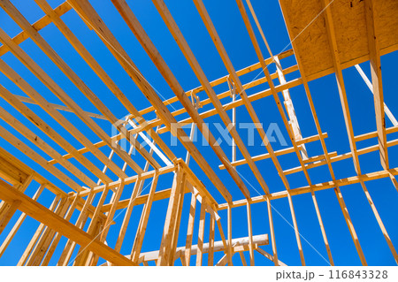 New home was constructed with ceiling roof trusses, framework beams, rafters New home was constructed with ceiling roof trusses, framework beams, rafters 116843328