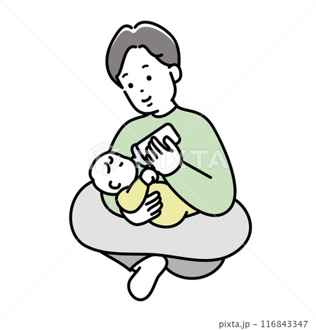 赤ちゃんにミルクを与えるお父さんのイラスト素材 116843347