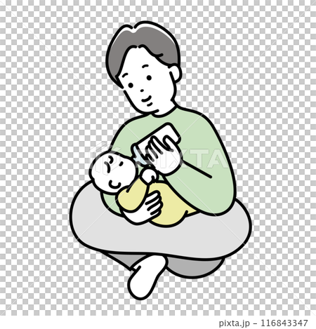 赤ちゃんにミルクを与えるお父さんのイラスト素材 116843347