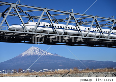 大井川橋梁を渡る新幹線と富士山 116843354