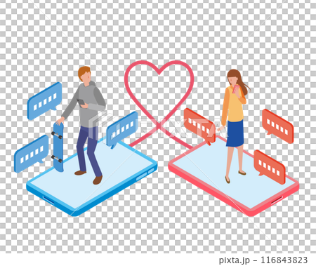 Illustration of a couple connected through a matching app Illustration of a couple connected through a matching app 116843823