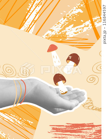 Autumn collage background. Hand catching mushrooms on abstract hand drawn shapes cover. Template for 116844597