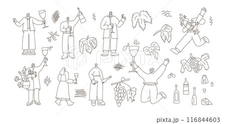 Wine lovers with bottles, glasses, and grapevines doodle set. Vector hand drawn collection 116844603