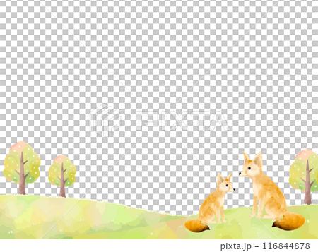 Picture book style frame background illustration of a parent and child fox in a field 116844878