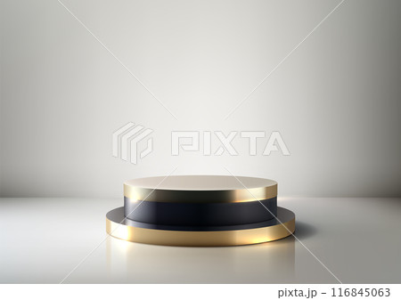 Luxury 3D Podium with Black Base and Gold Top on White Background for Product Display 116845063