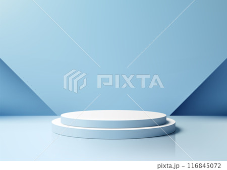 Minimalist 3D White Podium on Blue Background, Ideal for Modern Product Display Mockup in Showroom Showcase 116845072