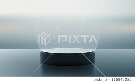 Elegant and Modern 3D Design Featuring Transparent Glass Circle with Black Podium Base on Metallic Surface 116845086