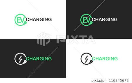 Electric car logo with charging stations by sketch in concept of green. renewable energy and eco power produced from sustainable source. EV plugin station. technology electric car. vector design. 116845672