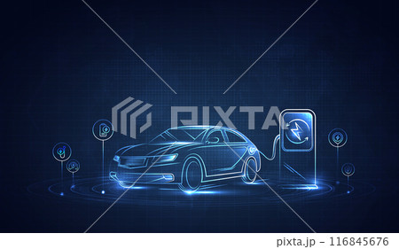 EV. Electric car connect to charging station on blue background. Eco power, EV charger, alternative energy, rechargeable battery, auto industry, future technology. vector. 116845676