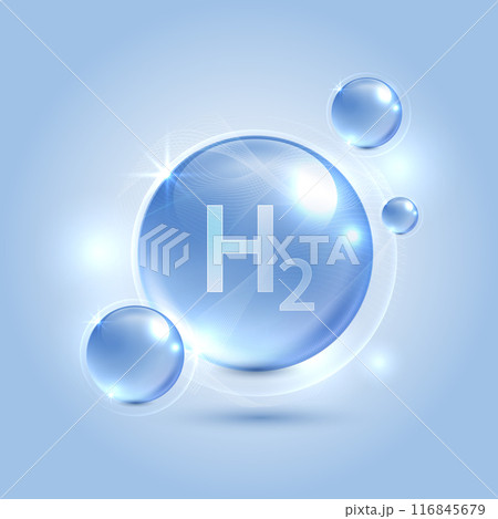 Hydrogen H2 production. renewable energy source. renewable Eco energy. hydrogen energy powered by renewable electricity with water molecule in transparent style. vector design. 116845679