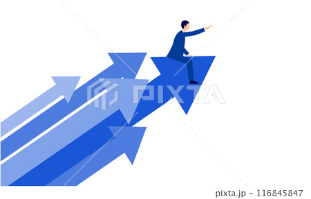 ビジネス成長とリーダーシップのイラスト: 未来を指し示すビジネスマンと進化する矢印、ベクター ビジネス成長とリーダーシップのイラスト: 未来を指し示すビジネスマンと進化する矢印、ベクター 116845847