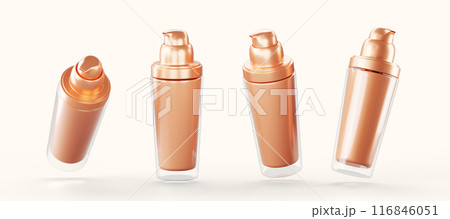 3d foundation glass bottle with gold pump mockup in different angles view. Realistic render set of cosmetic beauty make up package with bb cream, skin tone concealer liquid product. 3D illustration 116846051