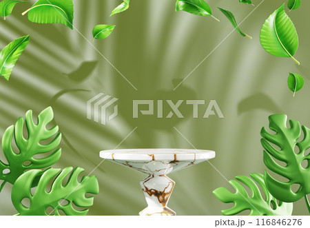 3d stone marble podium display with tea leaves and palm leaf shadow on green wall background in tropical garden. Nature scene, pedestal mockup for natural eco cosmetic beauty product. 3D illustration 116846276