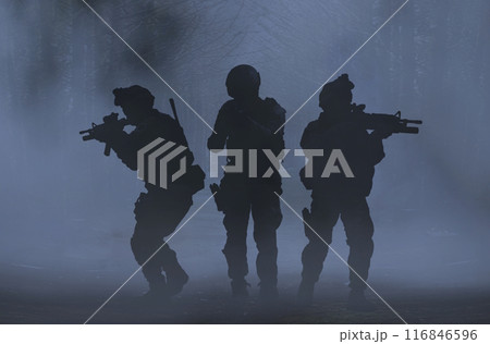 Silhouette of the fully equipped military operation moving through foggy forest with automatic assault rifle 116846596