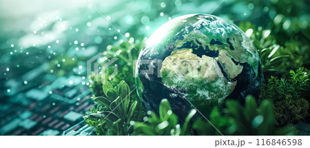 The earth is shown with green energy and technology elements. The concept of using sustainable technology to protect the planet for Earth Day. Generative AI. The earth is shown with green energy and technology elements. The concept of using sustainable technology to protect the planet for Earth Day. Generative AI. 116846598