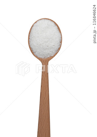 salt in wooden spoon isolated on white background salt in wooden spoon isolated on white background 116846624