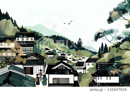富士山の見える温泉街-1 116847020