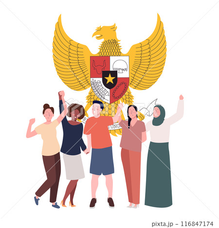 young youth diverse happy standing in front of Pancasila symbol unity in diversity Indonesia national symbol young youth diverse happy standing in front of Pancasila symbol unity in diversity Indonesia national symbol 116847174