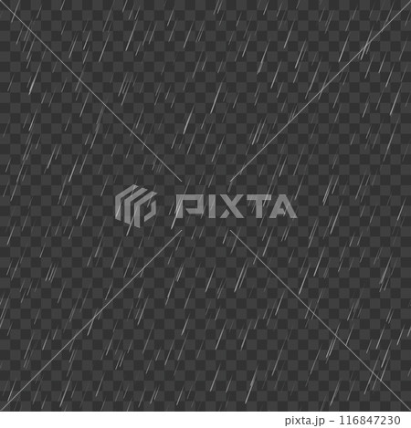 Seamless pattern of rain on transparent background, ideal for overlays. Vector 116847230