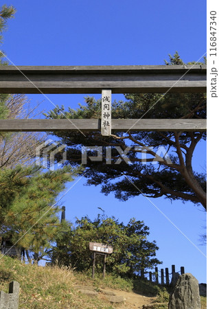 茨城県の秋の快晴の宝篋山(ほうきょうさん)の山頂の鳥居 茨城県の秋の快晴の宝篋山(ほうきょうさん)の山頂の鳥居 116847340