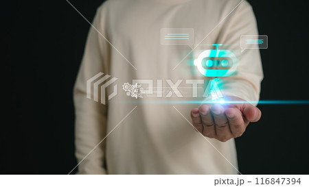 Man using technology smart robot AI, Artificial Intelligence, Chatbot, Chat with AI, Futuristic technology transformation, artificial intelligence by enter command prompt for generate something. 116847394