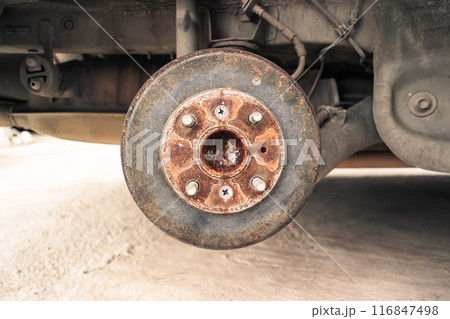 Outside an old drum brake without wheel of a car Outside an old drum brake without wheel of a car 116847498