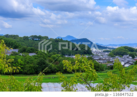 高市郡明日香村 万葉文化館前交差点から大字飛鳥の集落と二上山、畝傍山、甘樫丘 2024年7月17日 高市郡明日香村 万葉文化館前交差点から大字飛鳥の集落と二上山、畝傍山、甘樫丘 2024年7月17日 116847522