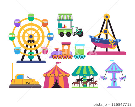 set amusement park ferris wheel boat carousel bumper car and tent circus entertainment festival set amusement park ferris wheel boat carousel bumper car and tent circus entertainment festival 116847712