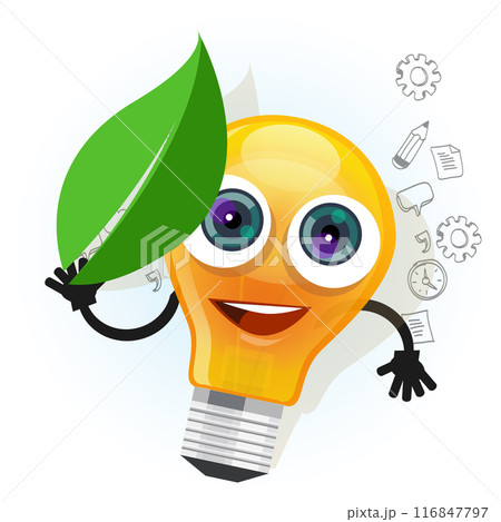 lamp bulb light leaf cartoon character smile happy mascot face vector illustration 116847797
