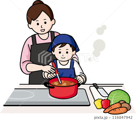 料理をする男の子と女性 116847942