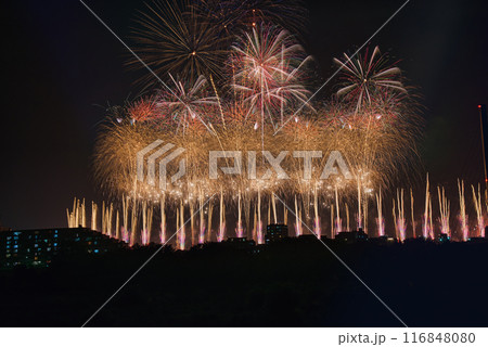 夜空に咲く花火　高く輝く花火大会　花火　夜空　花火イメージ　花火大会 116848080