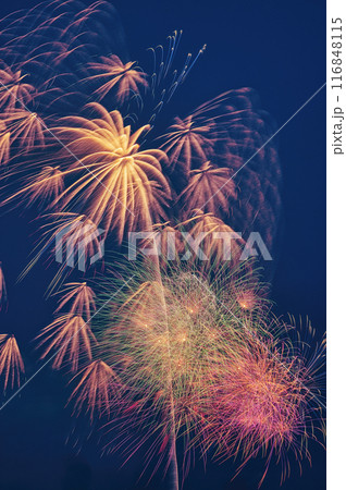 夜空に咲く花火　夜空に咲く花火　高く輝く花火大会　花火　夜空　花火イメージ　花火大会 116848115
