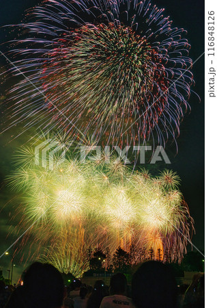 夜空に咲く花火　夜空に咲く花火　高く輝く花火大会　花火　夜空　花火イメージ　花火大会 116848126