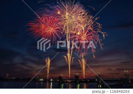 夜空に咲く花火　高く輝く花火大会　花火　夜空　花火イメージ　花火大会 116848203