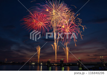 夜空に咲く花火　高く輝く花火大会　花火　夜空　花火イメージ　花火大会 116848206